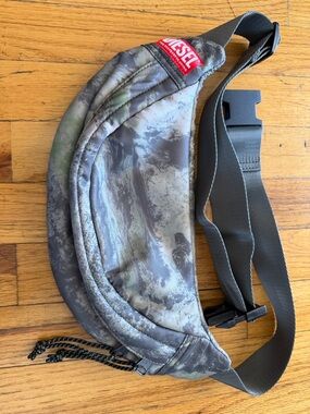 Diesel Gray and Green Camouflage Belt Bag with Red Logo Patch